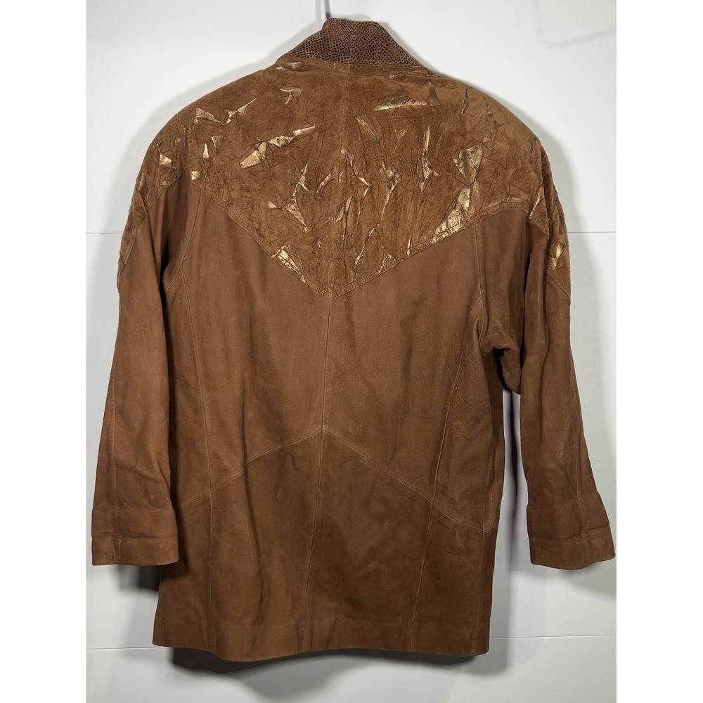 Winline Vintage Brown Leather Blazer Jacket Metallic Gold Snakeskin Trim Mens M